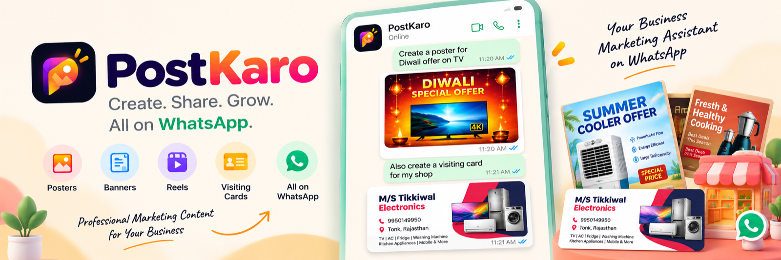 PostKaro: create posters, banners and visiting cards on WhatsApp. Illustrative samples.